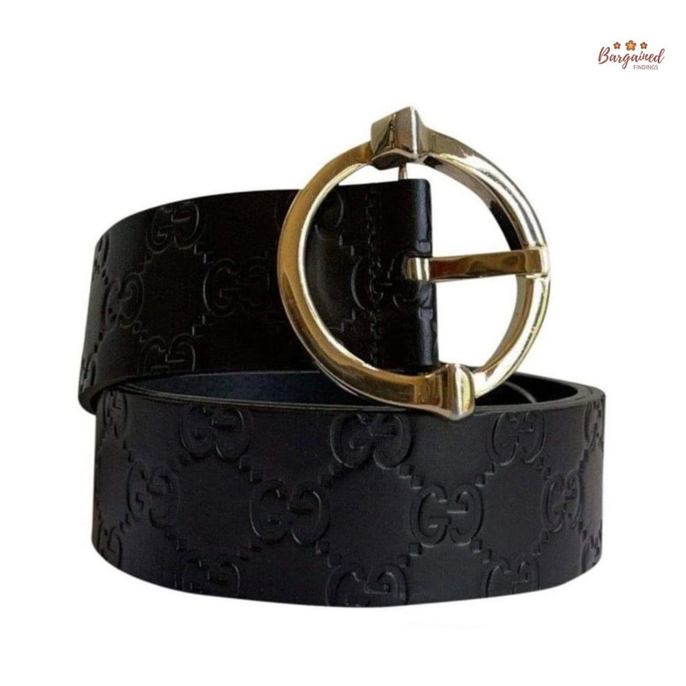 Authentic Gucci Black Guccissima Leather Gold Signature Buckle Belt 90/36